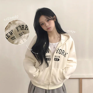 Effortless Chic, Daily Lettering Embroidered Avant-garde Loose Fit Boxy Zip-up Hoodie