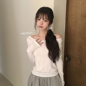 Daily Boat Neck One-Off Shoulder Plain Delicate Fit Long Sleeve T-shirt