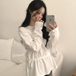 Plain Round Neck Waist String Shirred Ribbon Strap Loose Fit Long Sleeve T-shirt