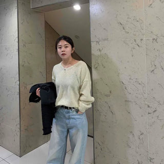 Cozy V-neck Slit Loose Fit Knit