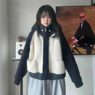 Heather Blocking High-Neck Oversized Zip-Up Knit