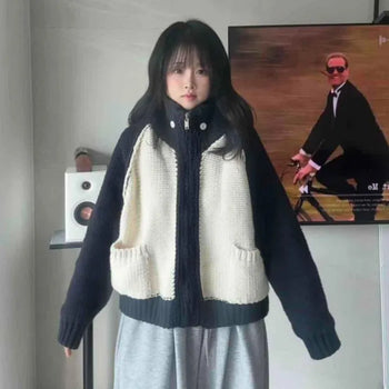 Heather Blocking High-Neck Oversized Zip-Up Knit