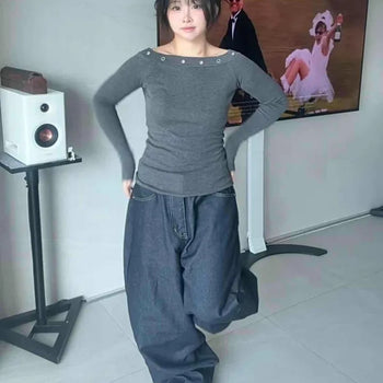Roll-up Stitch Slouch Fit Cotton Denim Pants