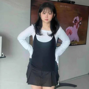 Classic Round Neck Spandex Tension Basic Long Sleeve Sleeveless Layered Set