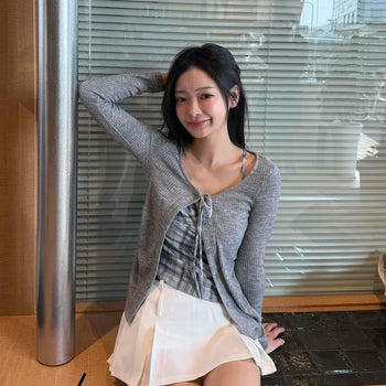 Twist Ribbon Tie-up Crop Knit Cardigan