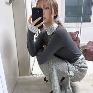 Soft ribbed flare high-waisted long knit skirt