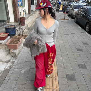 Vintage Damaged Print High-Waisted Wide Training Pants