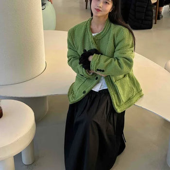 Green Tea Collarless Oversized Tweed Jacket