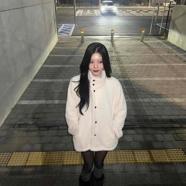 High-neck Fluffy Shearling Long Coat