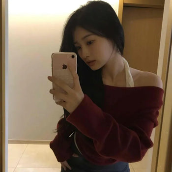 Collar Folding Off-Shoulder Loose Fit Knit Long Sleeve Tee