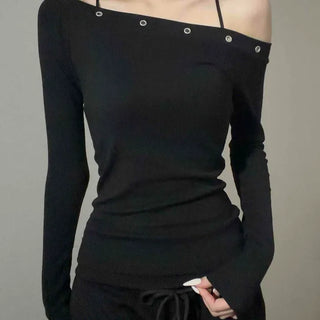 Semi Off-Shoulder Eyelet Strap Slim Fit Long Sleeve Tee