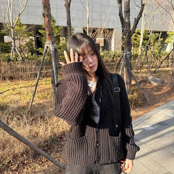 Two-tone Waffle Loose Fit Pocket Knit Cardigan