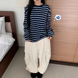 [Boxy Fit/Unisex] Striped Loose Long Sleeve Round Neck Tee