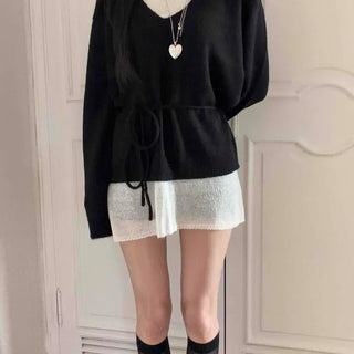 V-neck Knit Waist Tie Mini Dress