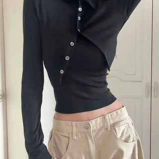Minimal Mood Collar Button Crop Fit Long Sleeve Tee
