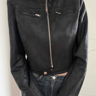 Mandarin Collar Zipper Crop Leather Rider Jacket