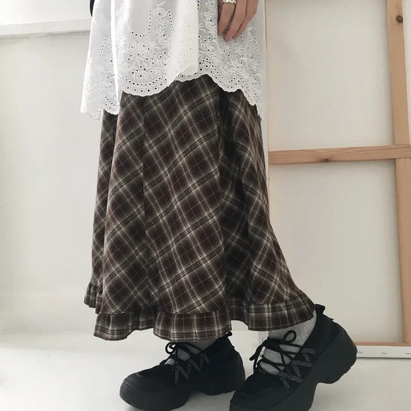 Lena check hem frill long skirt