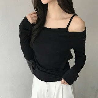 Preju Off-shoulder Shirred Drape Sleeveless Long Sleeve Top