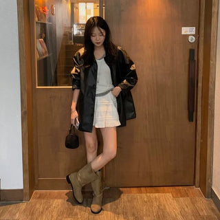 Mannish Oversized Collared Half Leather Jacket