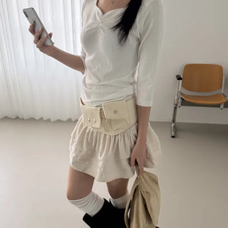 Same-day Shipping  V-Shirred Slim Three-quarter Sleeve Tee