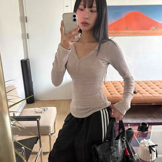 Slim Rib Snap Button Deep V-Neck Long Sleeve T-Shirt