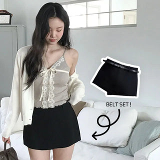 Gathered Slit Belted Skort