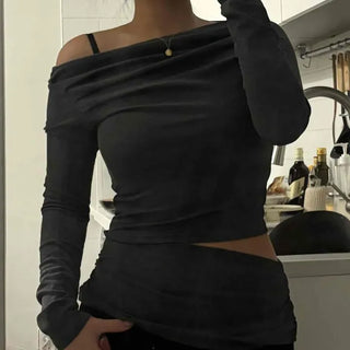 Asymmetrical Wide Collar Slim Fit Cropped Long Sleeve T-shirt
