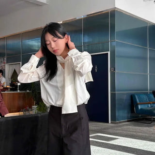 Delicate Fit Loose Puff Sleeve Tie Blouse