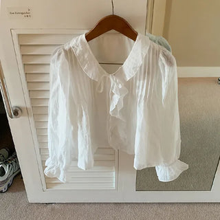 Tico Claire Frill Pintuck Blouse Ruffle V-neck Puff Ribbon String See-through Balloon Blouse Date Look Spring Transitional Season Autumn