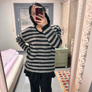 Oversized Striped Hooded Loose Fit Knit