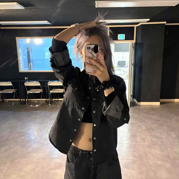 Cropped Denim Shirt & Loose Fit Denim Pants Two-Piece Set