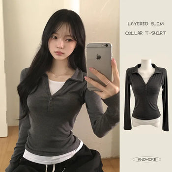 Effortless chic, Sleeveless layered one-piece collar button slim delicate fit long-sleeve T-shirt