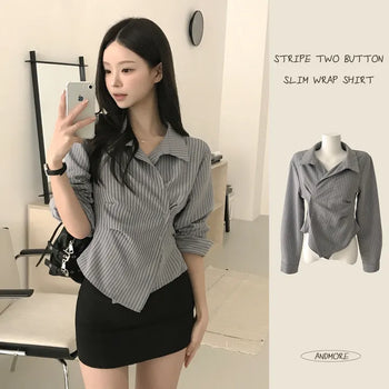 Feminine Mood, Suede Stripe Side Two-Button Two-Way Waist-Censed Delicate Fit Blouse Wrap Long Sleeve Shirt