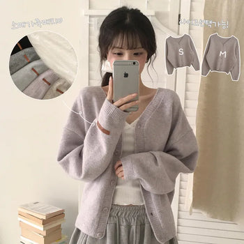 Daily Cardigan, Soft V-neck Delicate Avant-garde Loose Fit Knit Cardigan with Leather Label on Sleeves