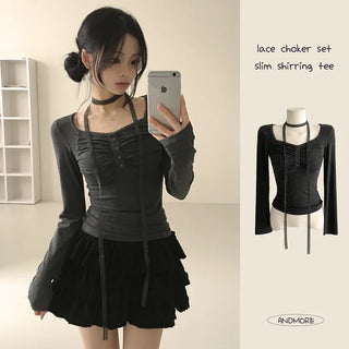 A Spoonful of Loveliness, Ballet Core Lace Choker Tie Set Heart Neck Button Shirred Delicate Slim Fit Long Sleeve T-shirt