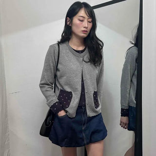 Dot Pocket Contrast Crop Cardigan