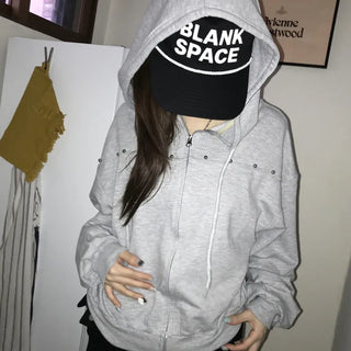 Pio Hip Girl Ball Studded Zip-Up Hoodie (2 colors)