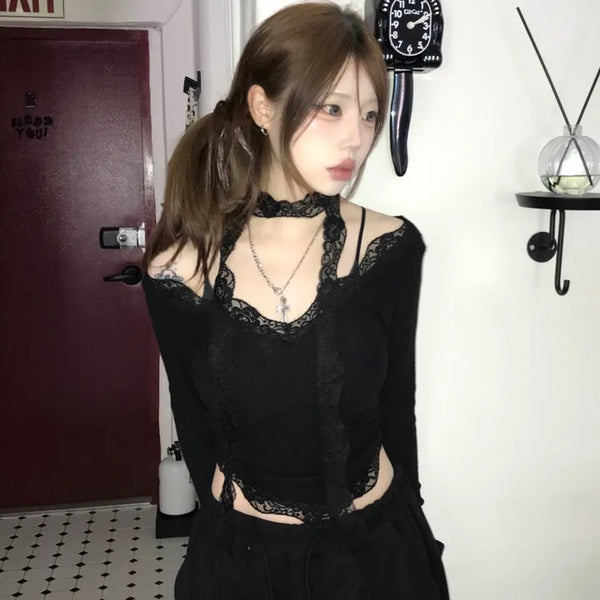 Belle Romantic Hip Girl V-Neck Lace Slim Top (+Scarf Set)