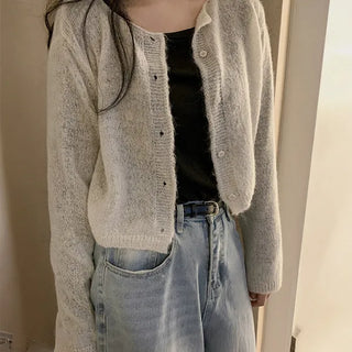 Cheese Alpaca Mohair Crop Cardigan Round Neck Plain Long Sleeve Knit Bolero Spring/Autumn Transitional Outerwear