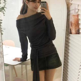 Side Ribbon Point Slash Neck Slim Long Sleeve T-shirt