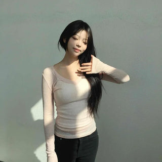 Wide V-Neck Ribbed Knit T-Shirt