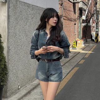 NEW Modni Denim Loose Fit Shirt and 3/4 Length Shorts Two-Piece Set