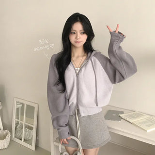 Full of cuteness, Color-block Raglan Hooded Avant-garde Loose Fit Knit Zip-up Cardigan