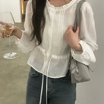 Newing Pintuck Blouse Strap Blouse/Delicate Fit/ Button Blouse/Wedding Guest Look/Frill Blouse/String Blouse
