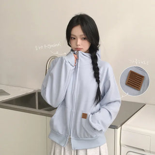 Effortless Chic, Cotton Plain Two-Way Leather Patch Avant-garde Boxy Loose Fit Zip-Up Hoodie