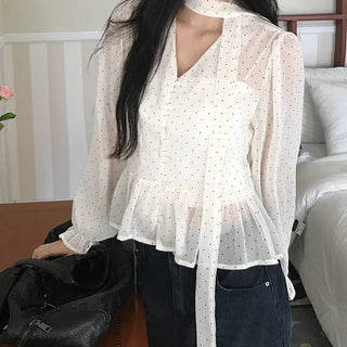 Dot Delicate Frill Tie Blouse