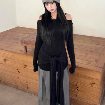 Off-shoulder Slim Fit Ribbon Wrap Tie Long Sleeve T-shirt