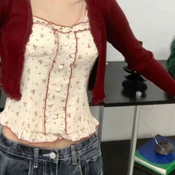 Frill-Trimmed Braided Crop Knit Cardigan