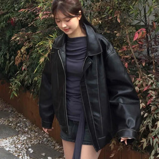 Loose-fit Lined Leather Collar Jacket