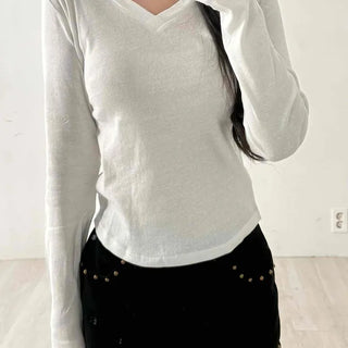 Somemore Soft V-Neck Semi-Crop Long Sleeve T-Shirt
